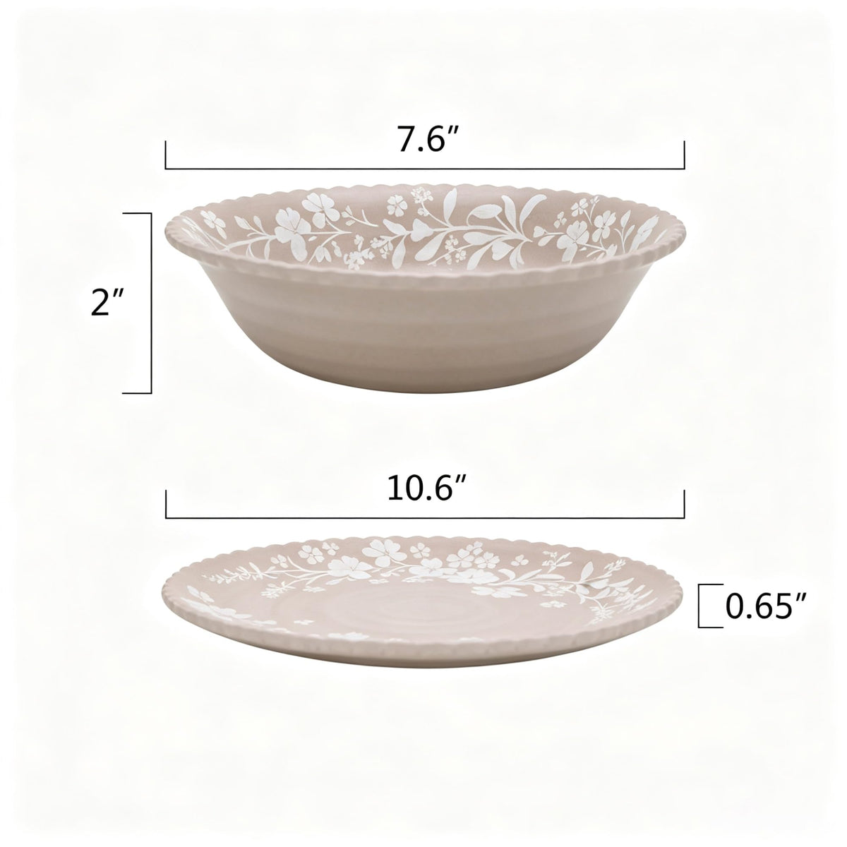 Beige Daisy 12-Piece Bamboo Melamine Dinnerware Set, Scalloped Floral Plates & Cereal Bowls, Dishwasher Safe Not Microwavable product image
