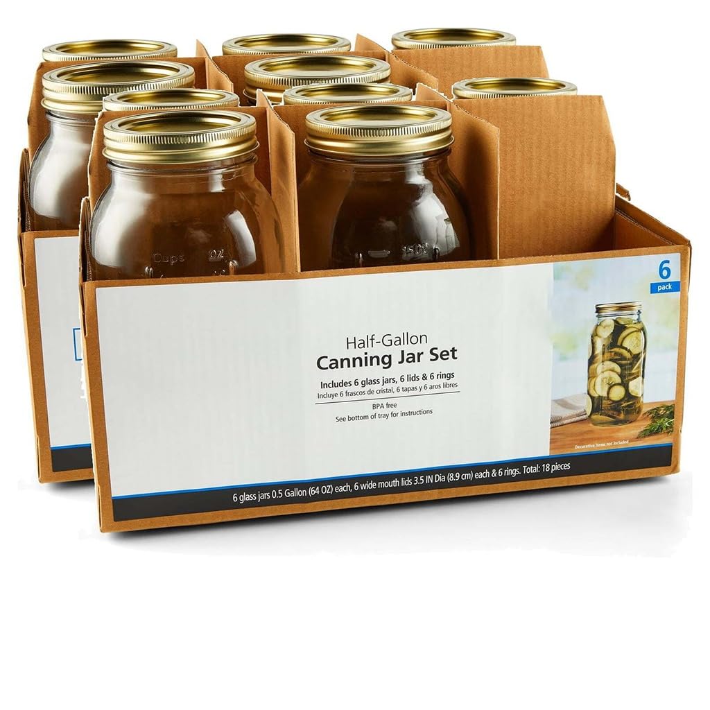 (2 Pack) 64oz Wide Mouth Half Gallon Clear Glass Storage Jars with Gold Lids & Screw Bands, 12 Count Extra Large Airtight Containers for Home Canning, Pantry Dry Goods & Food Preservation