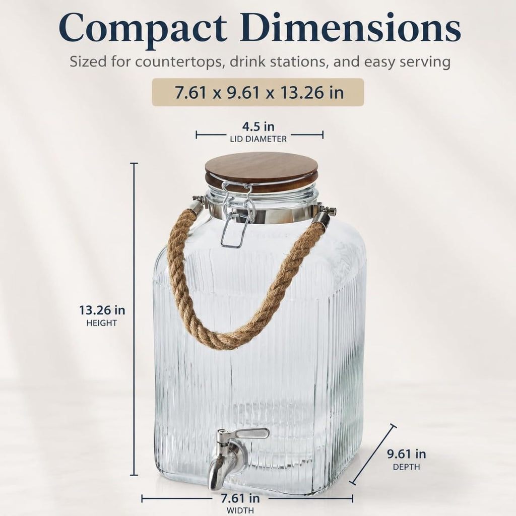 2 Gallon Ribbed Glass Beverage Dispenser with Acacia Wood Lid & Silicone Seal product image