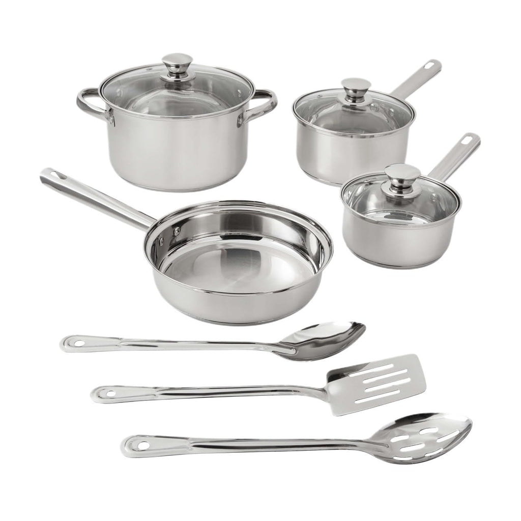 10 Piece Stainless Steel Cookware Set With Tri-Ply Base, Induction Compatible Pots Pans With Vented Glass Lids Cool Riveted Handles & Cooking Utensils, Dishwasher Safe Kitchen Kit