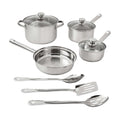 10 Piece Stainless Steel Cookware Set With Tri-Ply Base, Induction Compatible Pots Pans With Vented Glass Lids Cool Riveted Handles & Cooking Utensils, Dishwasher Safe Kitchen Kit