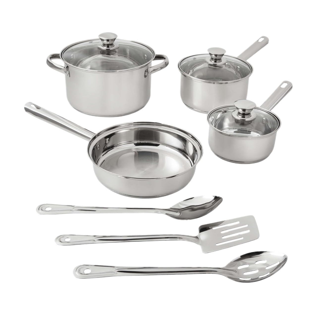 10 Piece Stainless Steel Cookware Set With Tri-Ply Base, Induction Compatible Pots Pans With Vented Glass Lids Cool Riveted Handles & Cooking Utensils, Dishwasher Safe Kitchen Kit