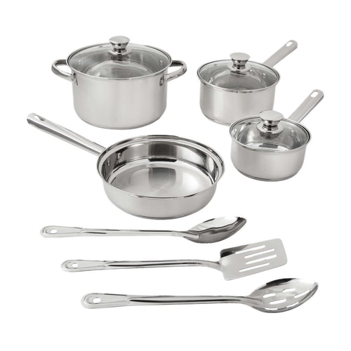 10 Piece Stainless Steel Cookware Set With Tri-Ply Base, Induction Compatible Pots Pans With Vented Glass Lids Cool Riveted Handles & Cooking Utensils, Dishwasher Safe Kitchen Kit