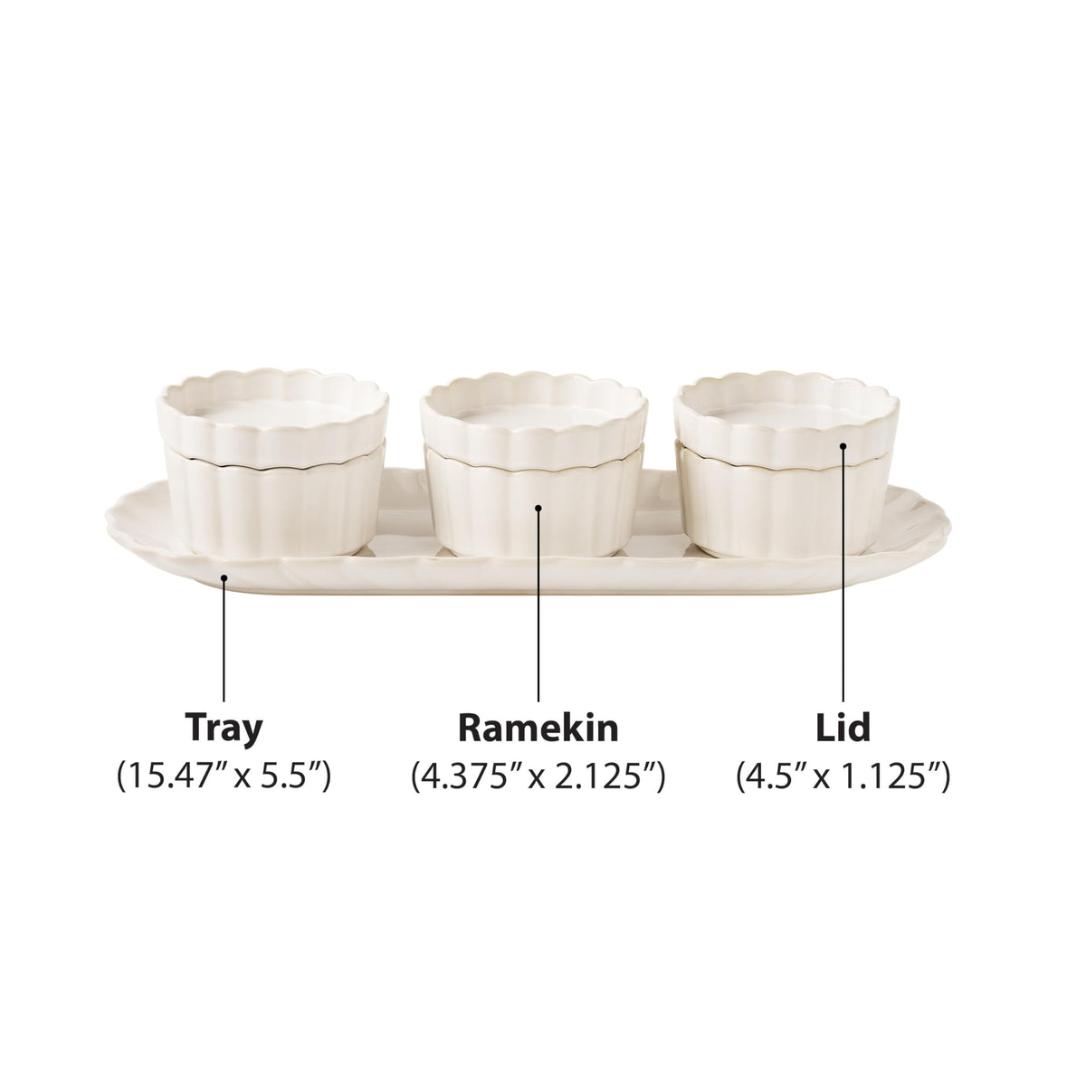 Cream Colette Style Serving Tray Set With 3 Bowls And Matching Lids, Multi-Purpose Ceramic Snack For Dips, Sauces And Table product image