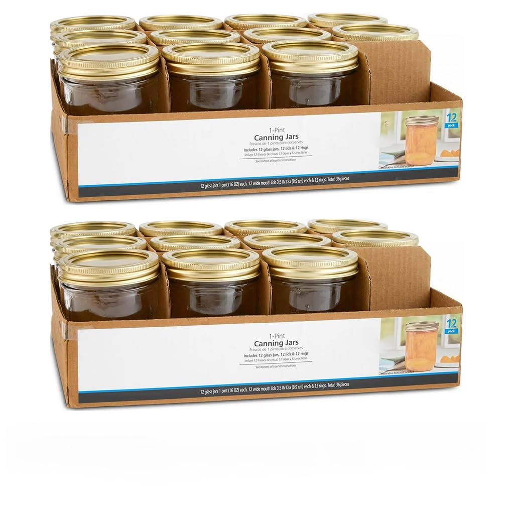 (2 Pack) 16oz Wide Mouth Pint Clear Glass Canning Jars With Gold Metal Lids & Screw Bands, 12 Count Stackable Airtight Containers For Meal Prep, , Candle & DIY Crafts