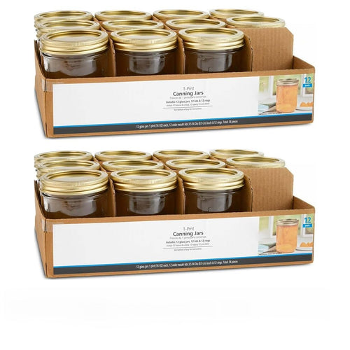 (2 Pack) 16oz Wide Mouth Pint Clear Glass Canning Jars With Gold Metal Lids & Screw Bands, 12 Count Stackable Airtight Containers For Meal Prep, , Candle & DIY Crafts