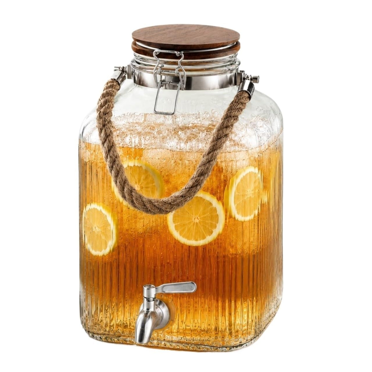 2 Gallon Ribbed Glass Beverage Dispenser with Acacia Wood Lid & Silicone Seal