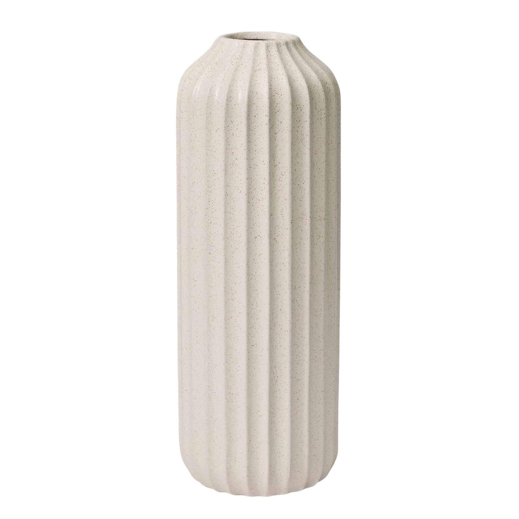 Ceramic Floor Vase, Speckled Ribbed Design, Cream White, 22 Inch Height