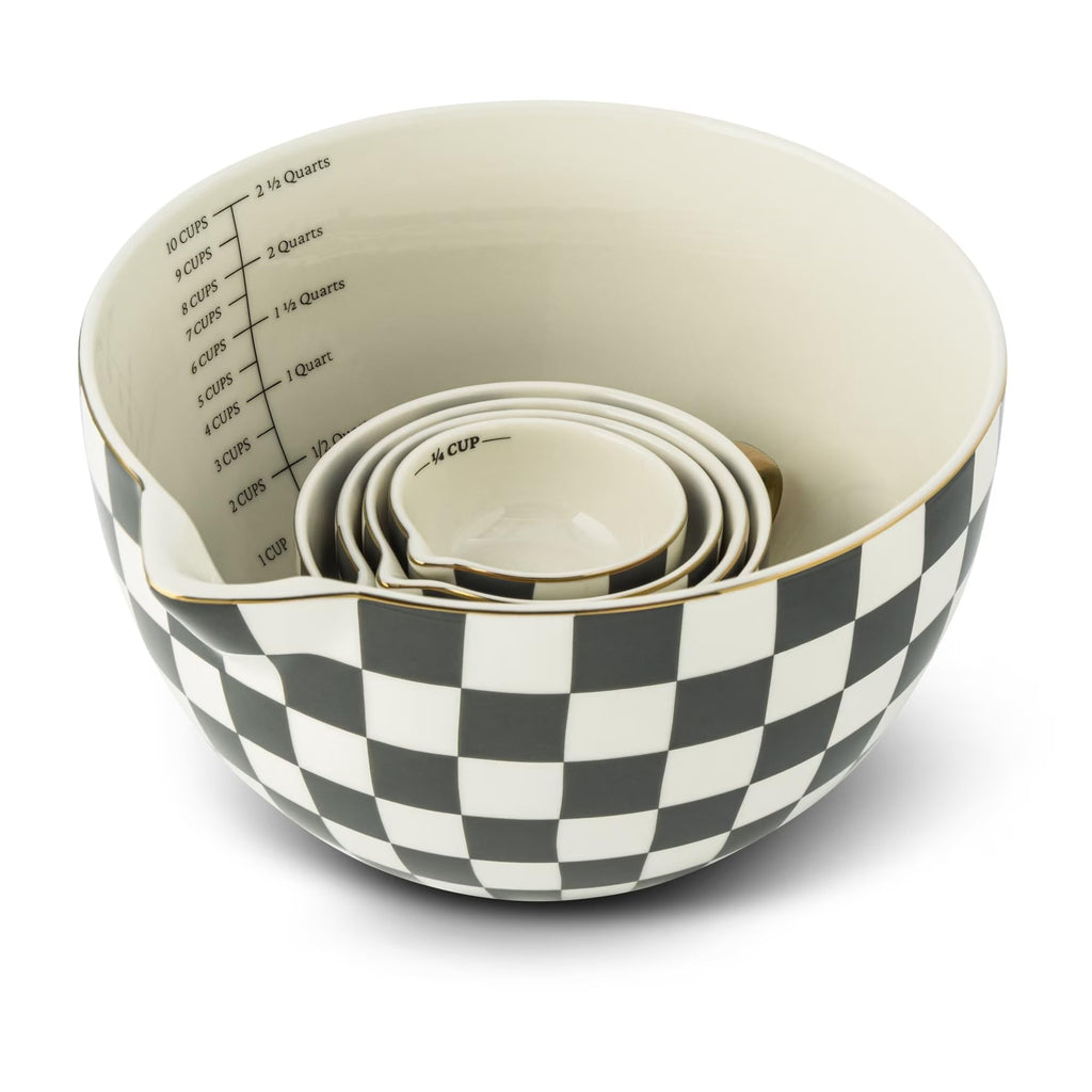 5-Piece Green Checkered Ceramic Mixing & Measuring Bowl Set