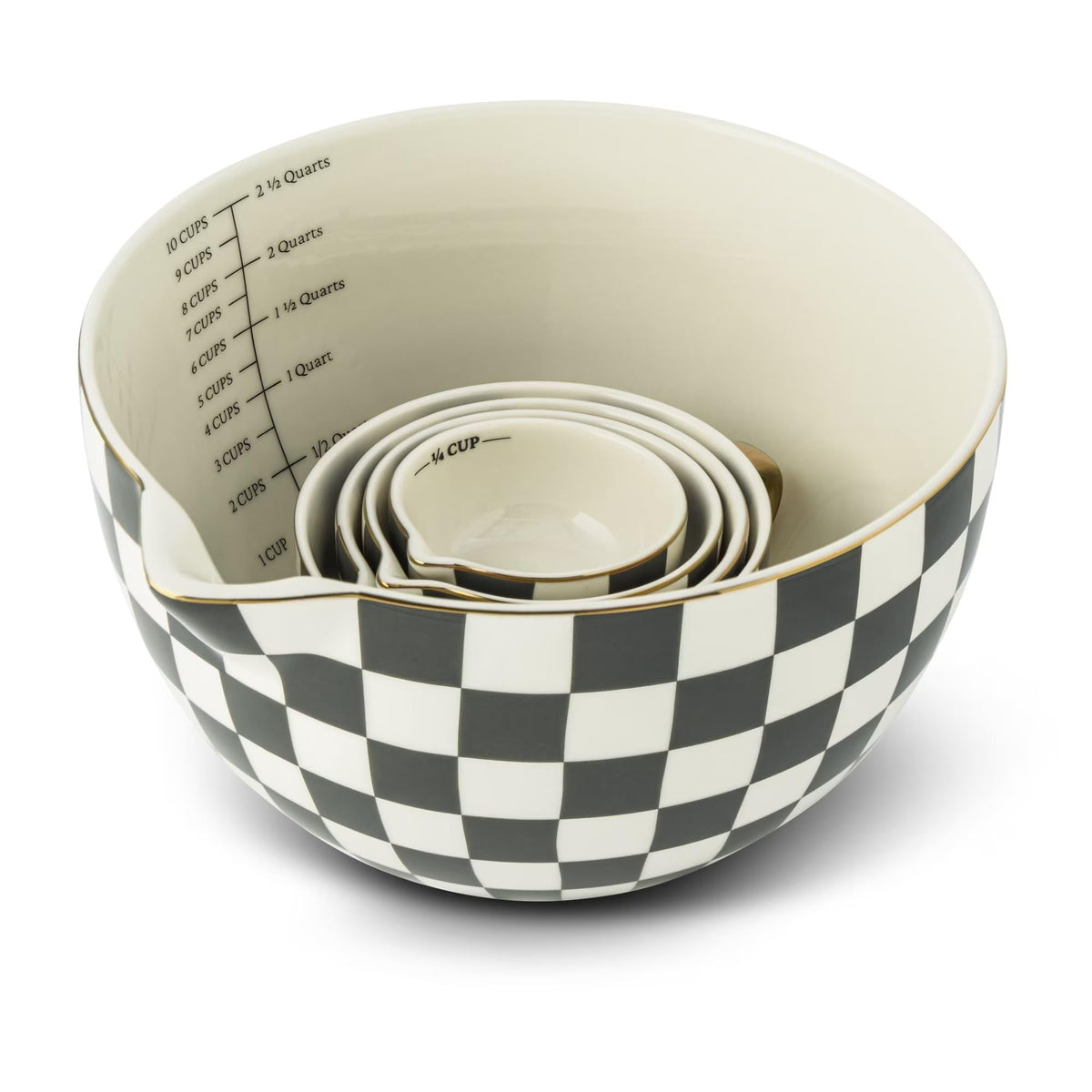 5-Piece Green Checkered Ceramic Mixing & Measuring Bowl Set