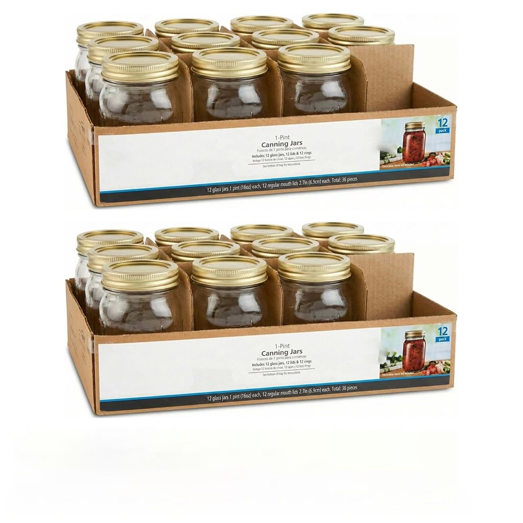 (2 Pack) 16oz Regular Mouth Pint Quilted Glass Canning Jars With Gold Metal Lids & Screw Bands, 24 Count Airtight Storage For , Meal Prep, Drinks & DIY Gifts