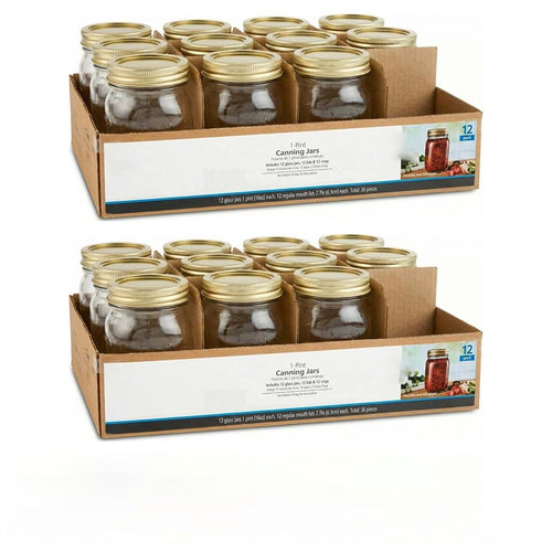 (2 Pack) 16oz Regular Mouth Pint Quilted Glass Canning Jars With Gold Metal Lids & Screw Bands, 24 Count Airtight Storage For , Meal Prep, Drinks & DIY Gifts