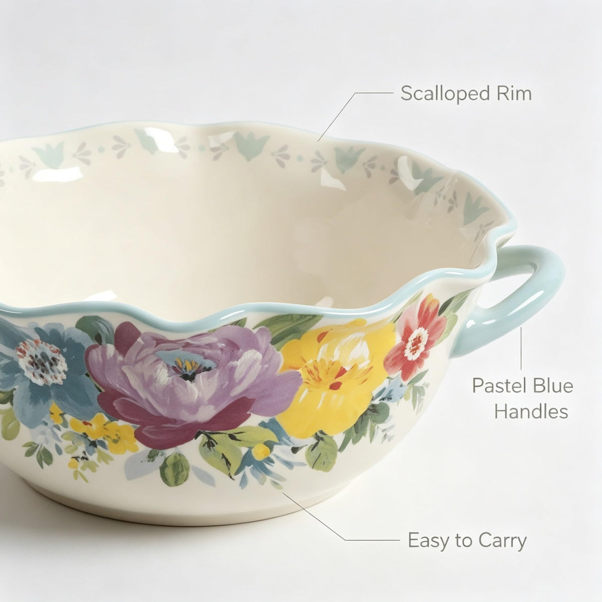 Sweet Romance Blossom Ceramic Serving Bowl With Dual Side Handles, 9.9-Inch Floral Scalloped Edge Dish For Salad, Dishes And Food Mixing product image