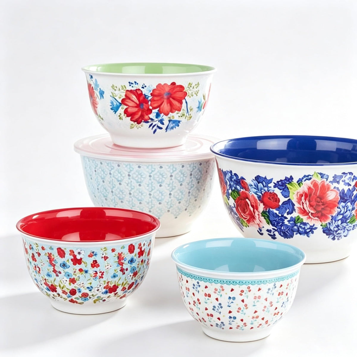 Heritage Floral 10-Piece Melamine Mixing Bowl Set, 5 Nesting Bowls With Snap-On Lids, BPA-Free Prep & Serving