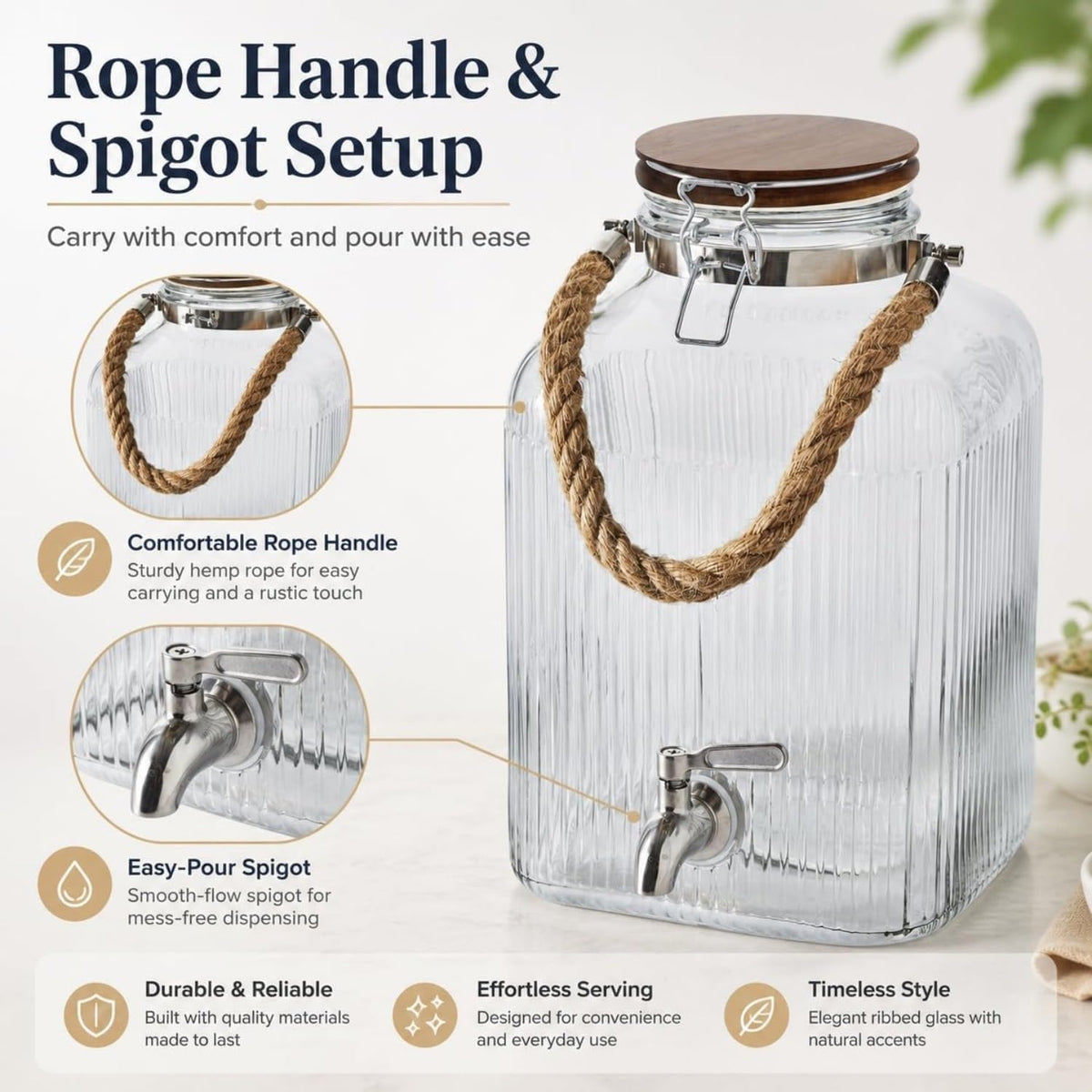2 Gallon Ribbed Glass Beverage Dispenser with Acacia Wood Lid & Silicone Seal product image