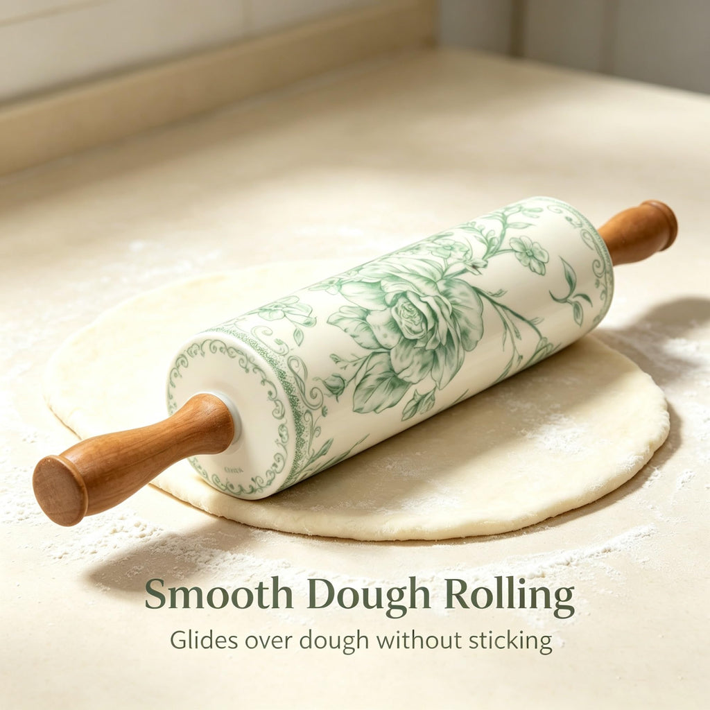 Green Floral Stoneware Rolling Pin With Wooden Handles, 18.25 Inch Smooth Ceramic Dough Roller For Pie Pizza Baking Kitchen Tool product image