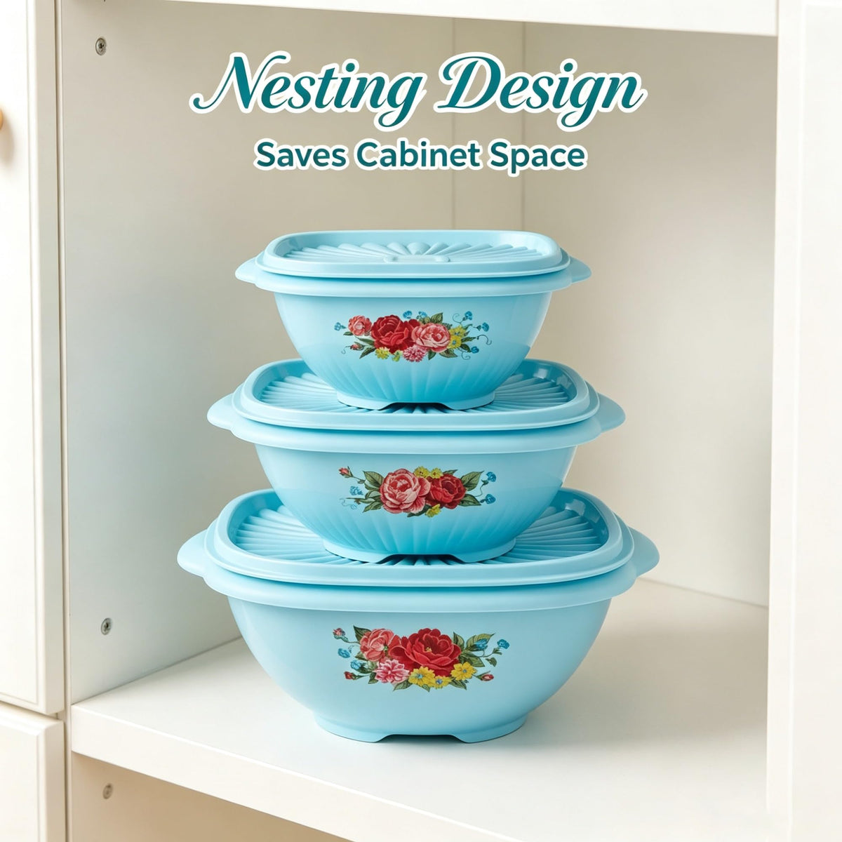 8 Piece Nesting Plastic Bowl Set With Matching Lids, Teal, Multi-Size BPA-Free Food Storage & Mixing Bowls For Meal Prep And Kitchen Organization product image
