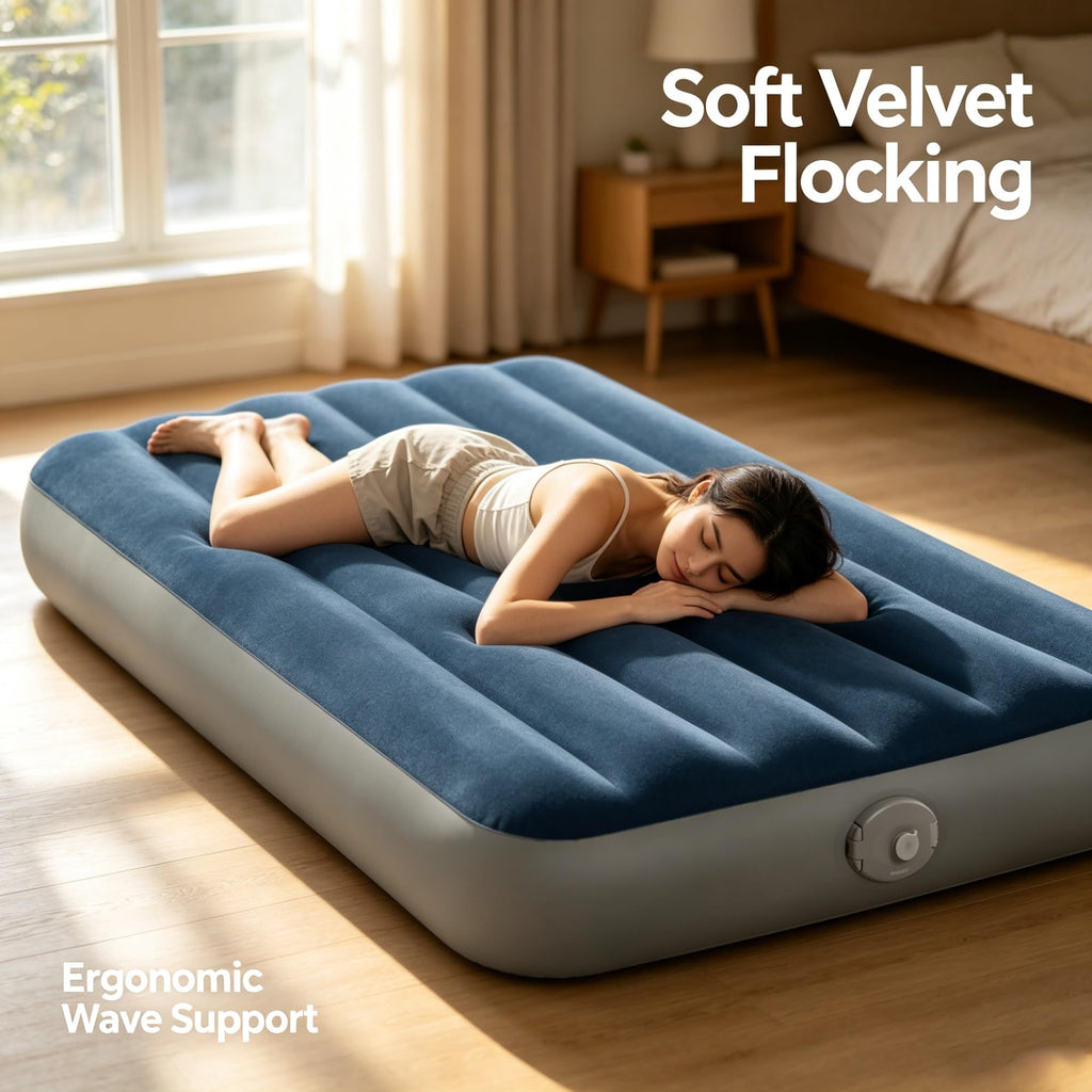 Twin Size Inflatable Air Mattress With Rechargeable Removable Pump, Fiber-Tech Plush Surface Indoor Outdoor Portable Bed With USB Charging Cable & Multi-Purpose Inflation Nozzles product image