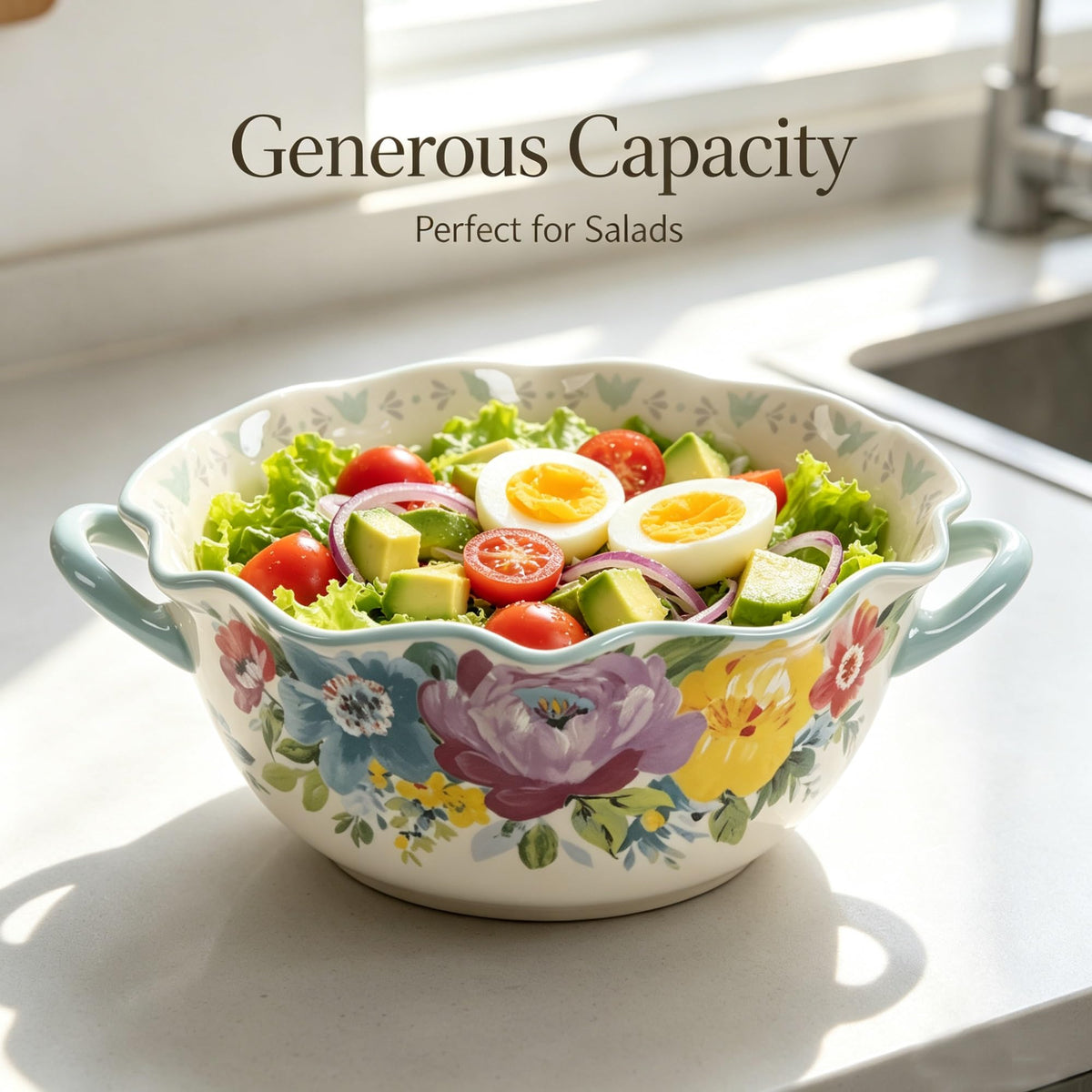 Sweet Romance Blossom Ceramic Serving Bowl With Dual Side Handles, 9.9-Inch Floral Scalloped Edge Dish For Salad, Dishes And Food Mixing product image