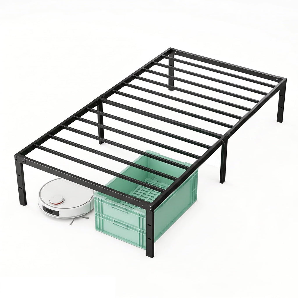 16 Inch Black Metal Bed Frame, Heavy Duty Noise-Free Steel Mattress Foundation, No Box Spring Required, Large Under-Bed Storage, Easy Assembly, Supports Up To 2000 Lbs
