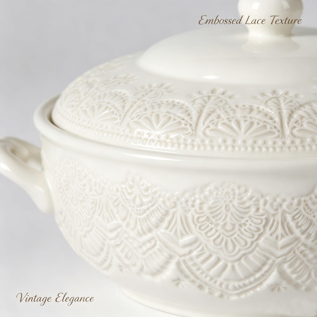 The Pioneer Woman Vintage Lace Stoneware Soup Tureen, Linen, 11 Inch, Decorative Serving Bowl For , Stews And Side Dishes product image