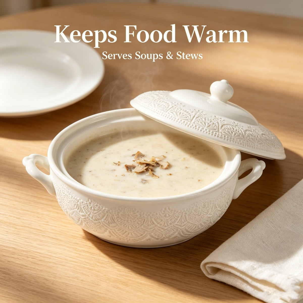 The Pioneer Woman Vintage Lace Stoneware Soup Tureen, Linen, 11 Inch, Decorative Serving Bowl For , Stews And Side Dishes product image