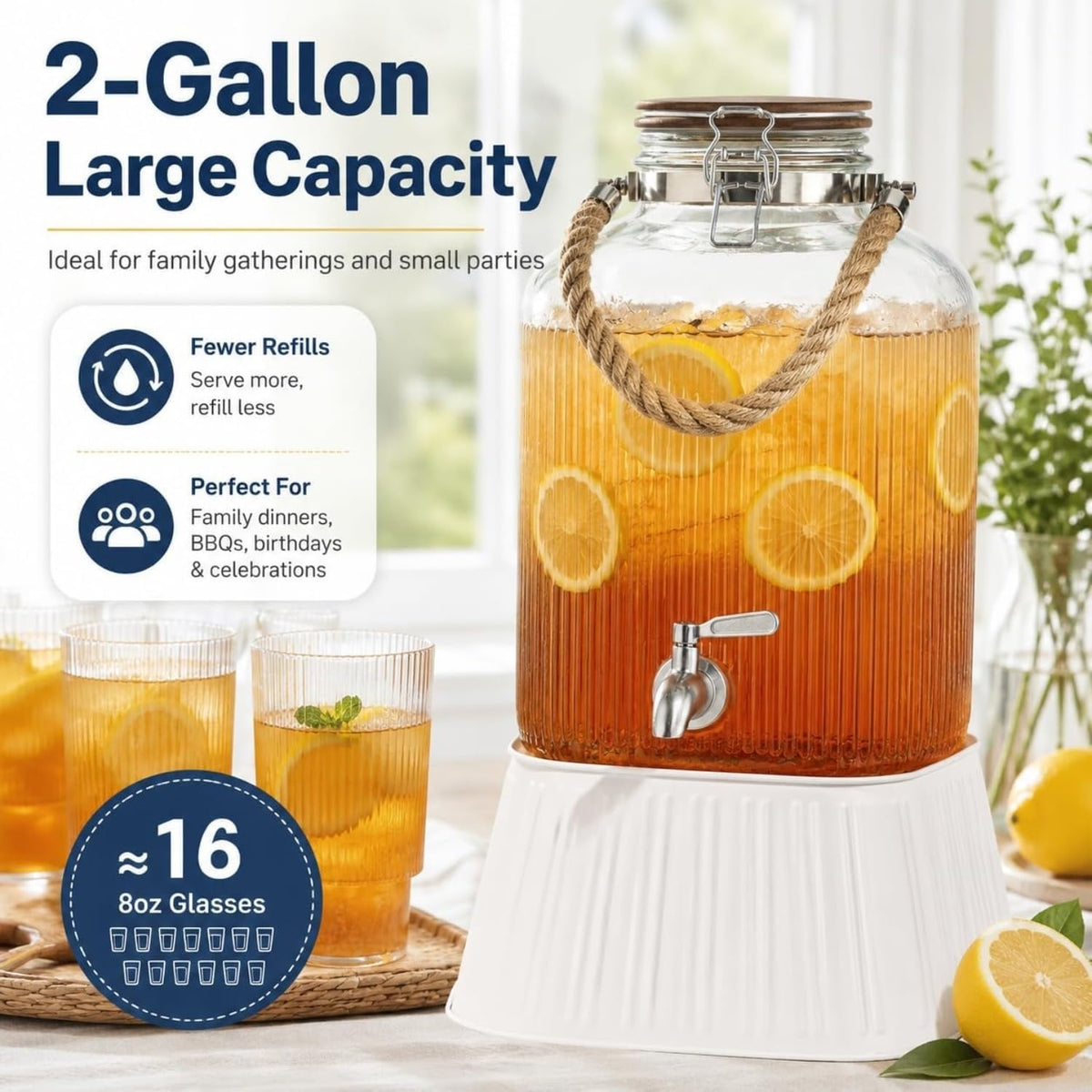 2 Gallon Ribbed Glass Beverage Dispenser with Acacia Wood Lid & Silicone Seal product image