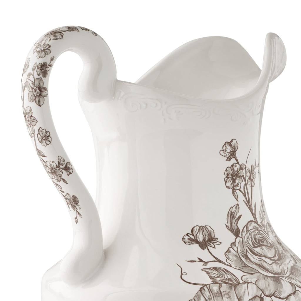 Brown Stoneware 2-Quart Pitcher, Vintage Floral Butterfly Design, 10 Inch Tall Microwave & Dishwasher Safe Farmhouse Beverage Serving product image