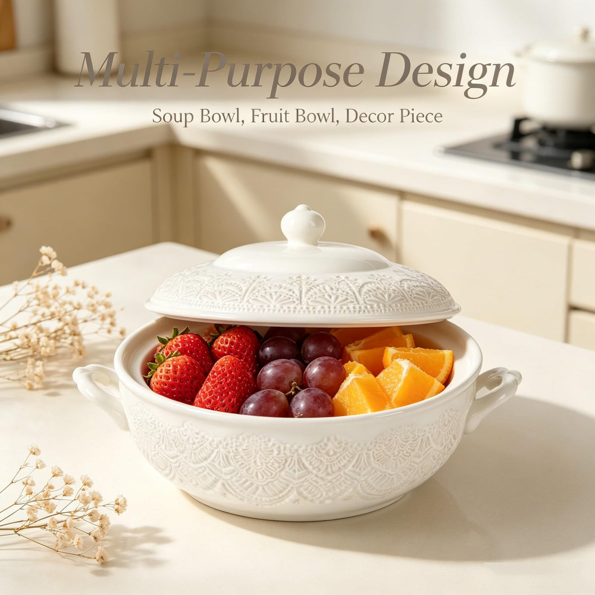The Pioneer Woman Vintage Lace Stoneware Soup Tureen, Linen, 11 Inch, Decorative Serving Bowl For , Stews And Side Dishes product image