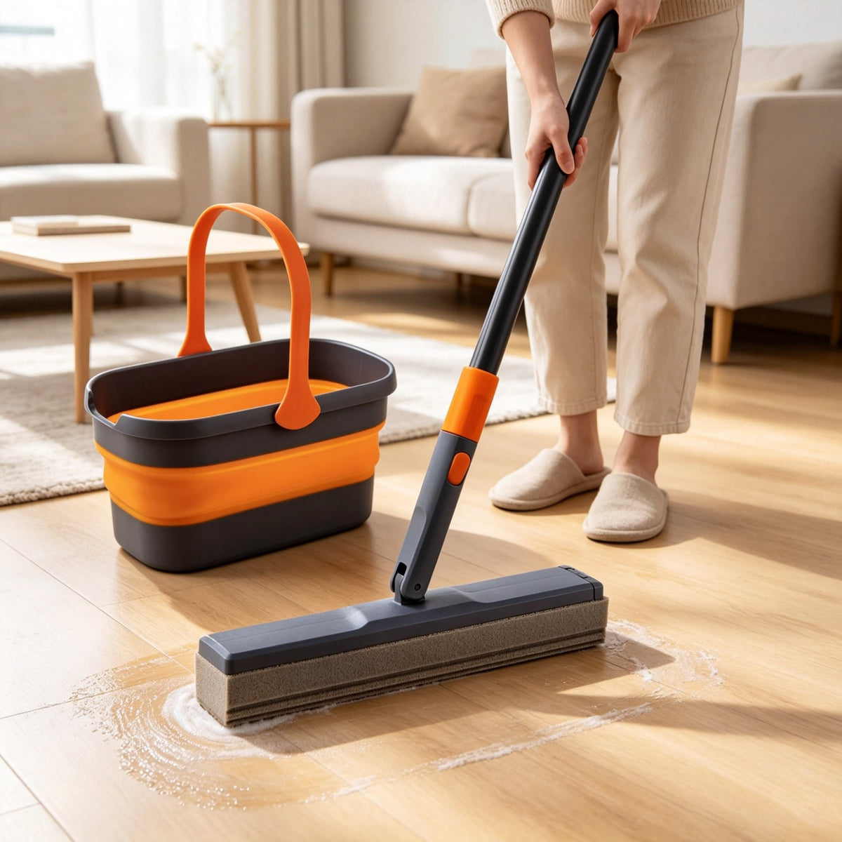 Hands-Free Sponge Mop With Collapsible Wring Bucket, Adjustable Lightweight Floor Cleaning Kit For Home Wet & Dry product image