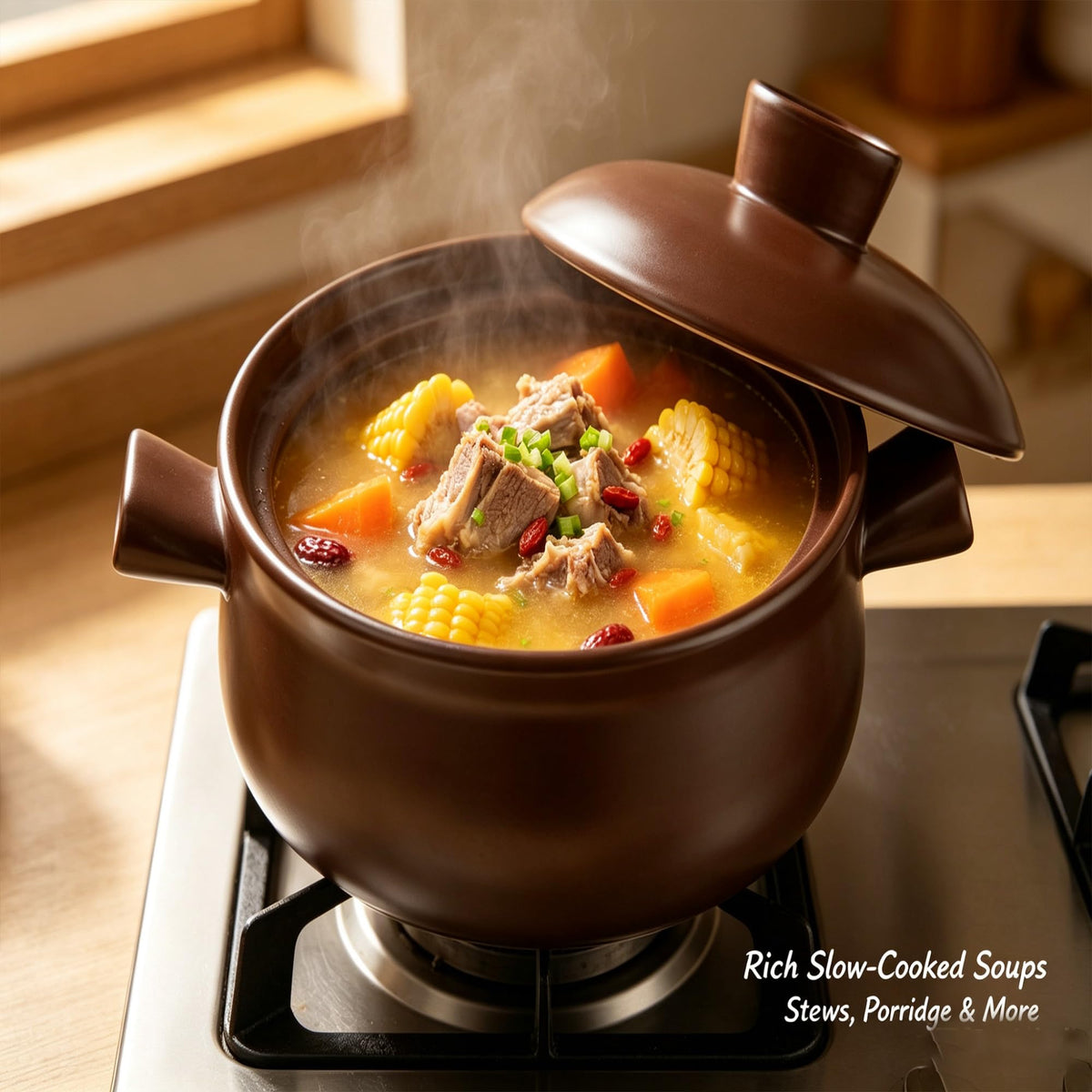 2.5L Natural Pottery Cooking Pot With Tight Lid, Even Heat Retention Ceramic Stew For Stovetop Oven Braised Soup One-Pot Meal product image