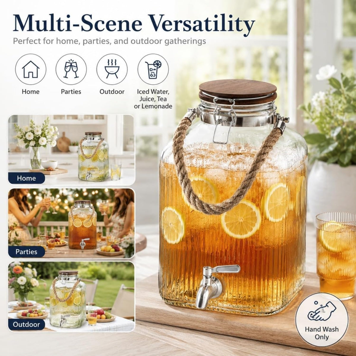 2 Gallon Ribbed Glass Beverage Dispenser with Acacia Wood Lid & Silicone Seal product image