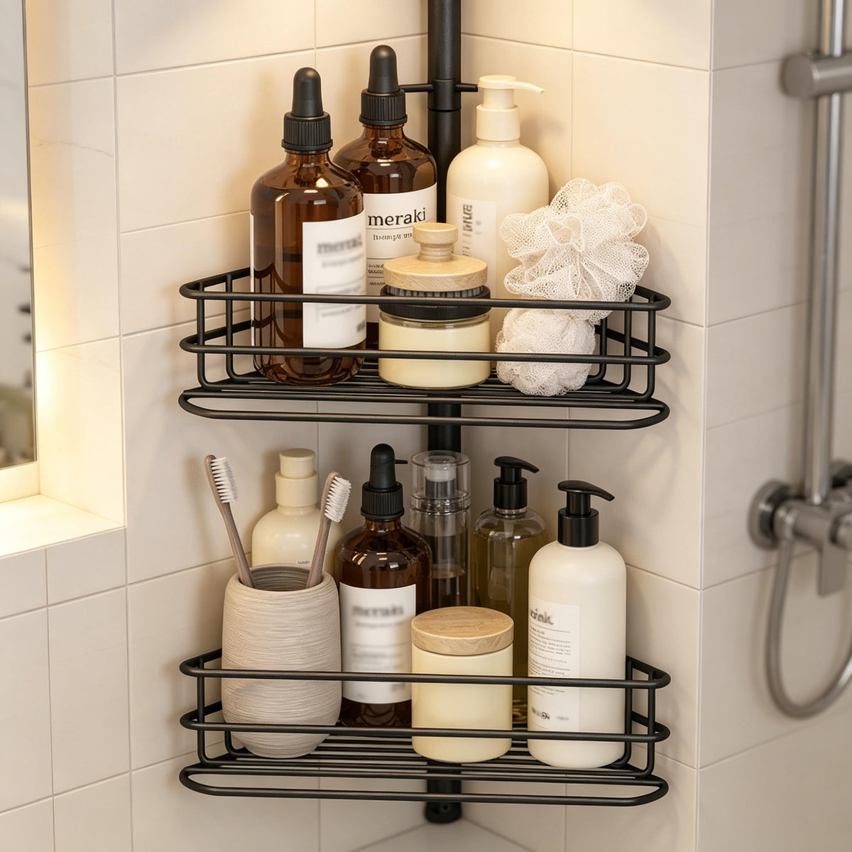 4-Tier Tension Pole Corner Shower Caddy, Rustproof Stainless Steel Bathroom Storage Shelf, No Drill Install Adjustable 31.5–94.5in Ventilated Rack With Hooks, Black product image