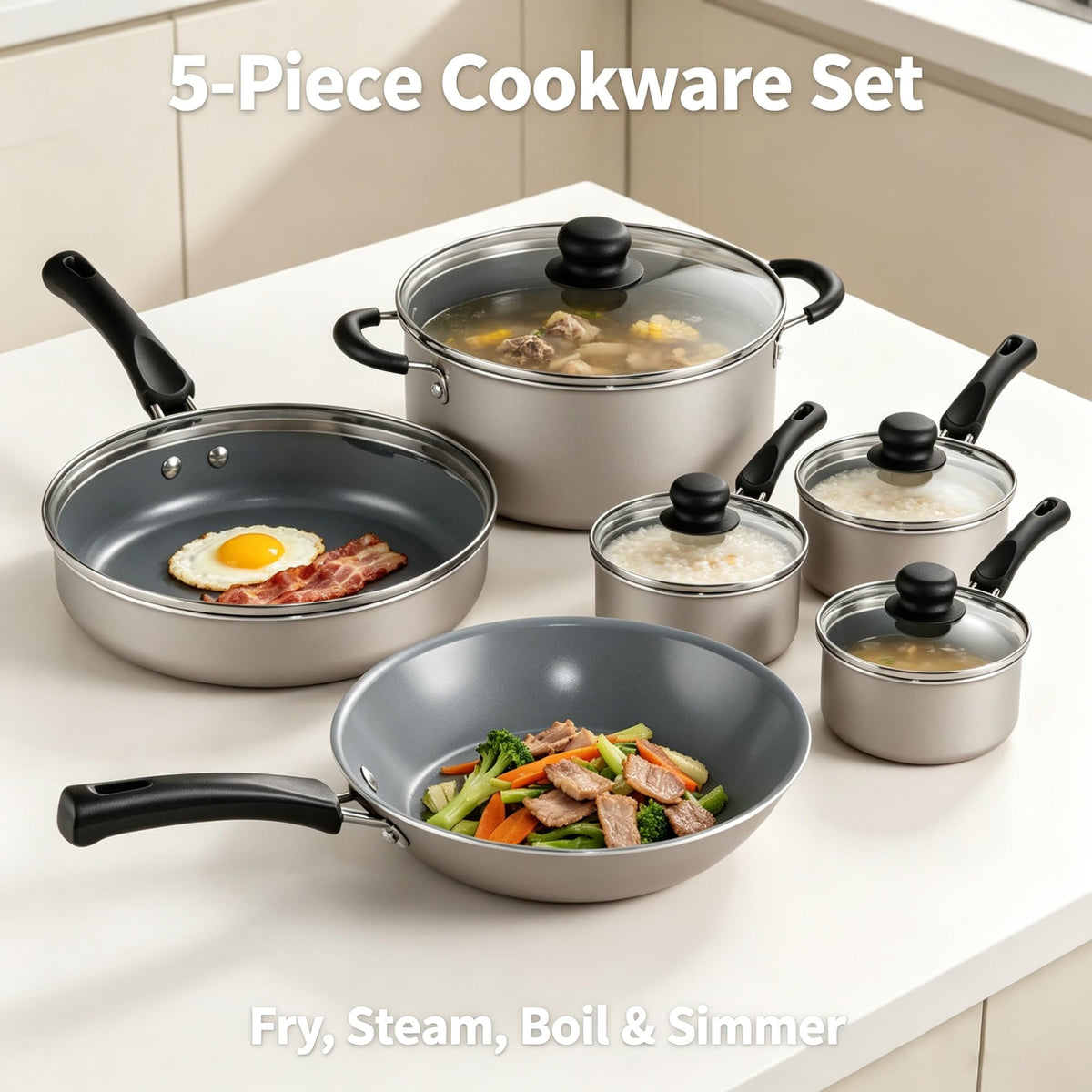 9-Piece Champagne Ceramic Nonstick Cookware Set, Induction Compatible Aluminum Pots And Pans With Tempered Glass Lids & Stay Cool Riveted Handles product image