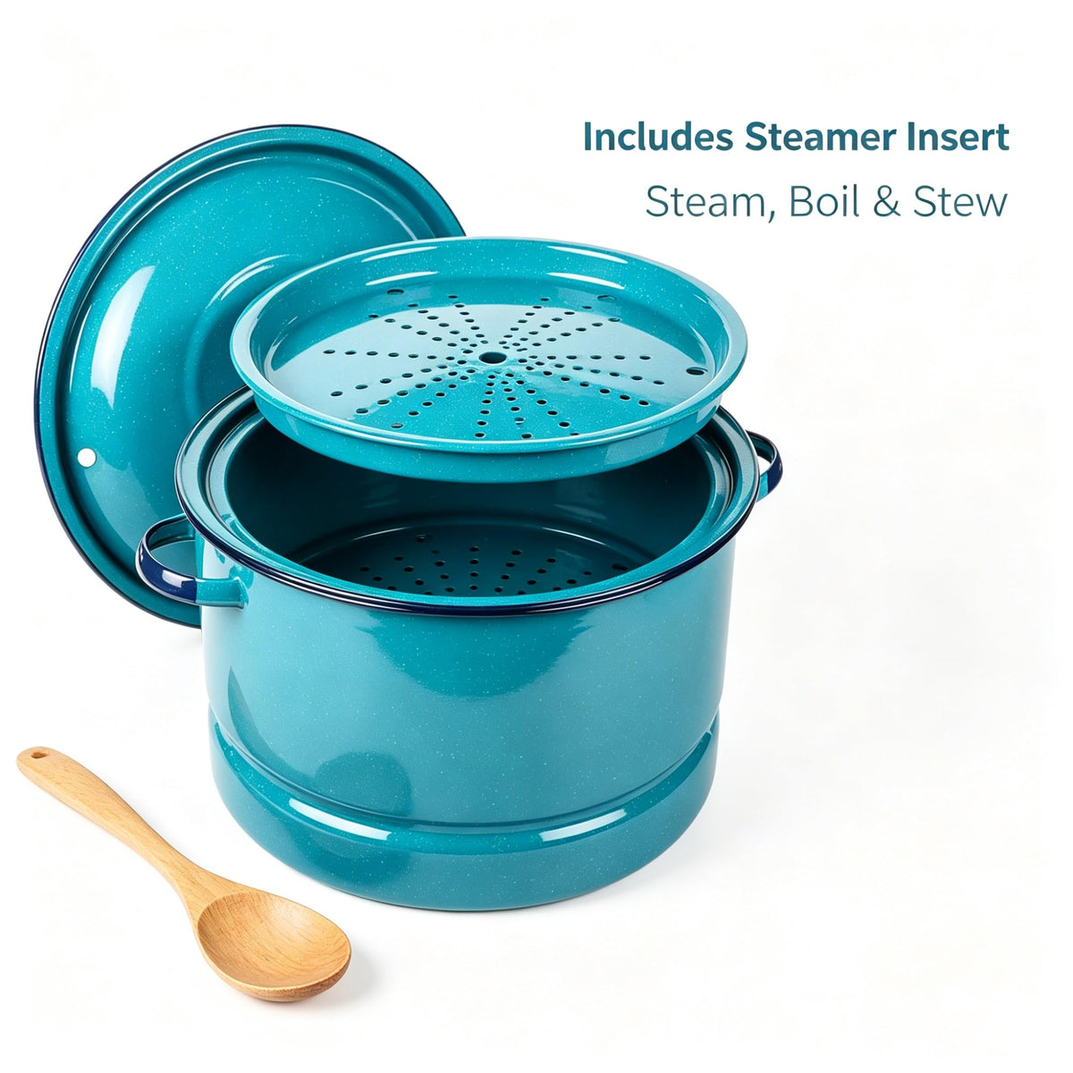 34 Quart Blue Enamel Steel Steaming Pot, Comes With Matching Lid And Trivet product image