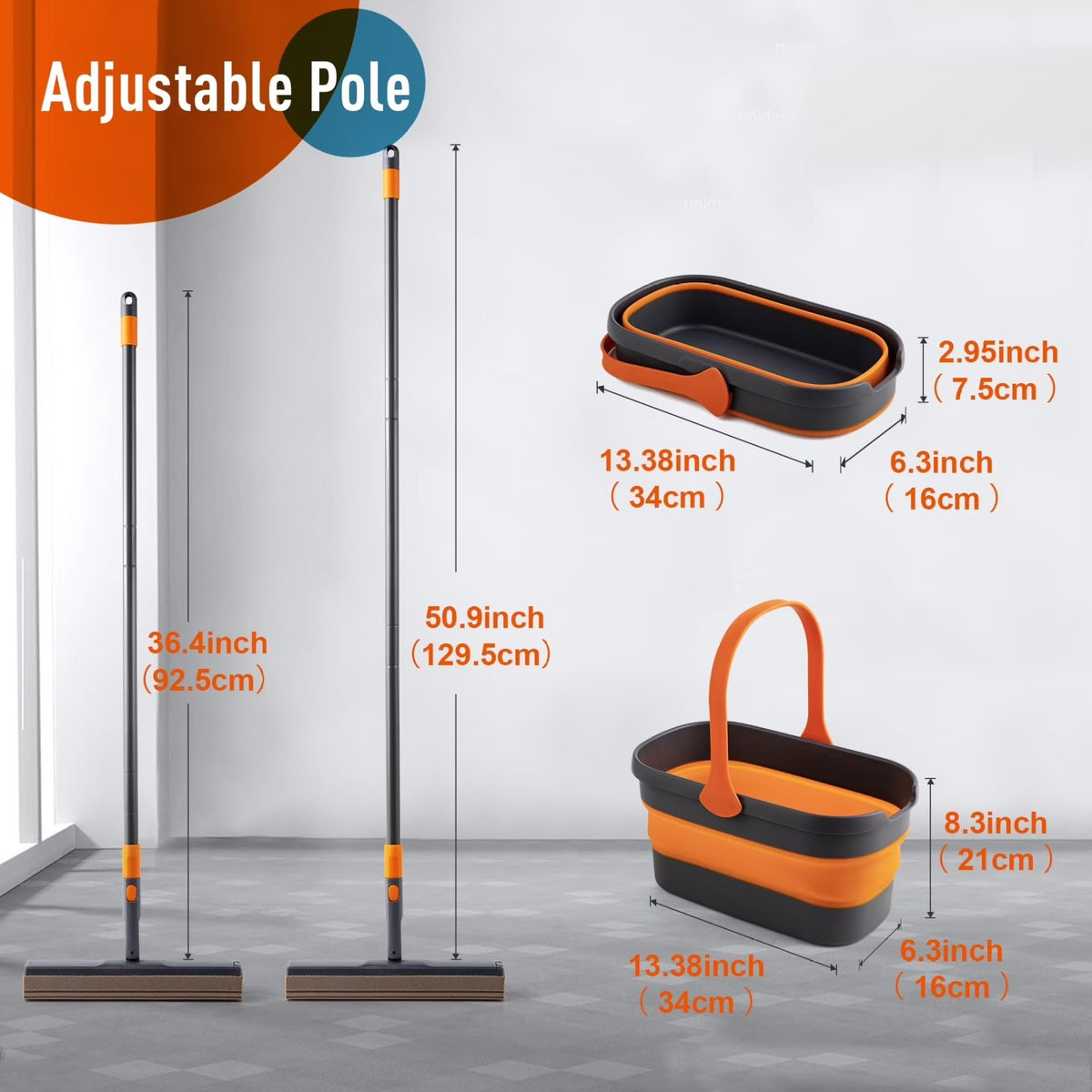 Hands-Free Sponge Mop With Collapsible Wring Bucket, Adjustable Lightweight Floor Cleaning Kit For Home Wet & Dry product image