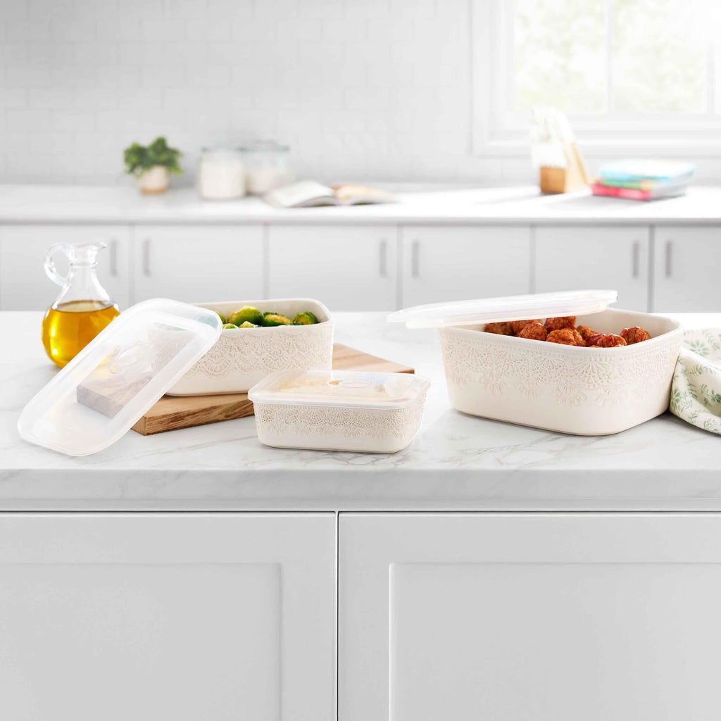 Linen Vintage Lace 6-Piece Nesting Stoneware Casserole Dish Set With Lids, Oven/Microwave/Dishwasher Safe Bakeware product image