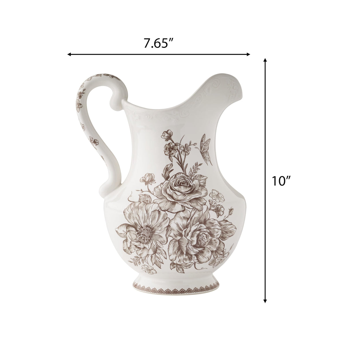 Brown Stoneware 2-Quart Pitcher, Vintage Floral Butterfly Design, 10 Inch Tall Microwave & Dishwasher Safe Farmhouse Beverage Serving product image
