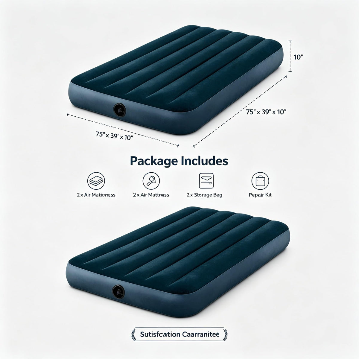 2 Pack Twin Size 10 Inch Inflatable Air Mattress, Flocked Top Vinyl Bed, 300 LBS Weight Capacity, 2-in-1 Valve, Pump Not Included For Indoor Outdoor Camping Guest Use product image