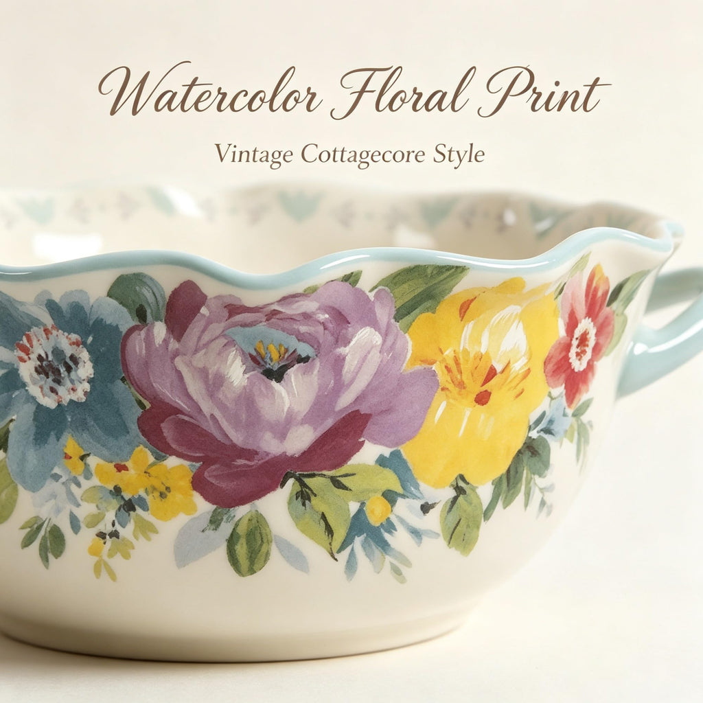 Sweet Romance Blossom Ceramic Serving Bowl With Dual Side Handles, 9.9-Inch Floral Scalloped Edge Dish For Salad, Dishes And Food Mixing product image