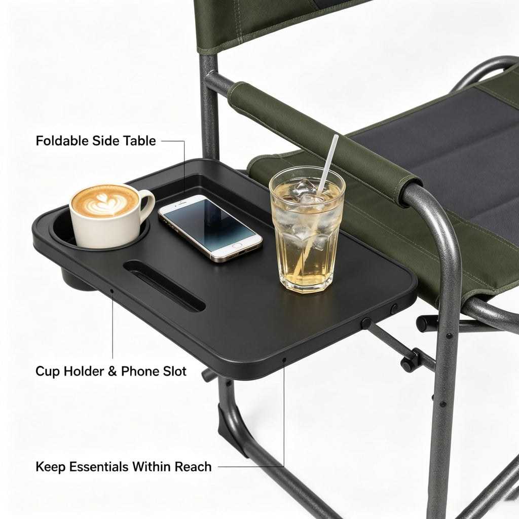 Green Oversized Folding Director Chair With Foldable Side Table, Heavy-Duty Portable Outdoor Camping With 23 Inches Extra Wide Seat product image
