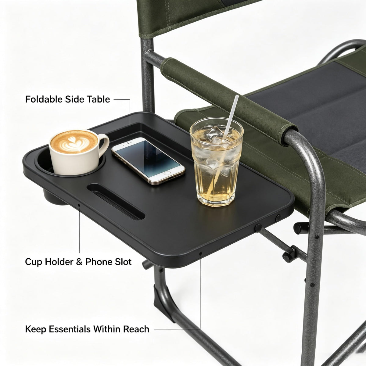 Green Oversized Folding Director Chair With Foldable Side Table, Heavy-Duty Portable Outdoor Camping With 23 Inches Extra Wide Seat product image
