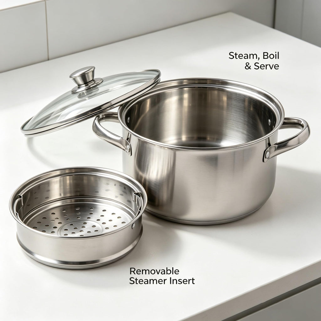 4 Quart Stainless Steel Steamer Pot With Shatter Resistant Glass Lid & Mesh Basket, Tri-Ply Base Induction Compatible Cookware For Vegetables Pasta Seafood product image