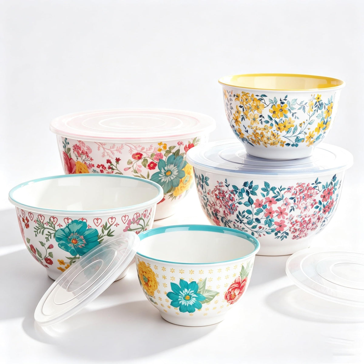 10-Piece Melamine Mixing Bowl Set, 5 Nesting Bowls With Matching Snap-On Storage Lids
