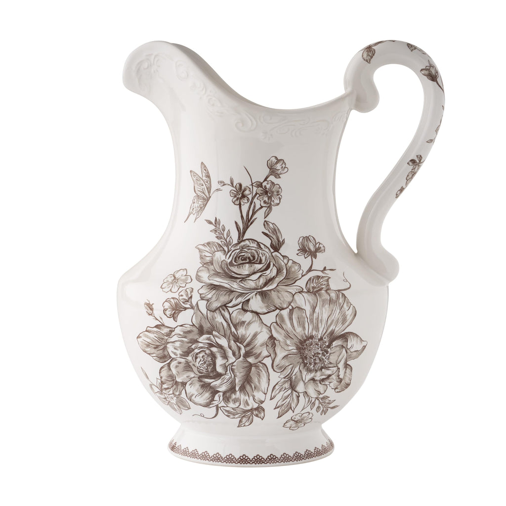 Brown Stoneware 2-Quart Pitcher, Vintage Floral Butterfly Design, 10 Inch Tall Microwave & Dishwasher Safe Farmhouse Beverage Serving