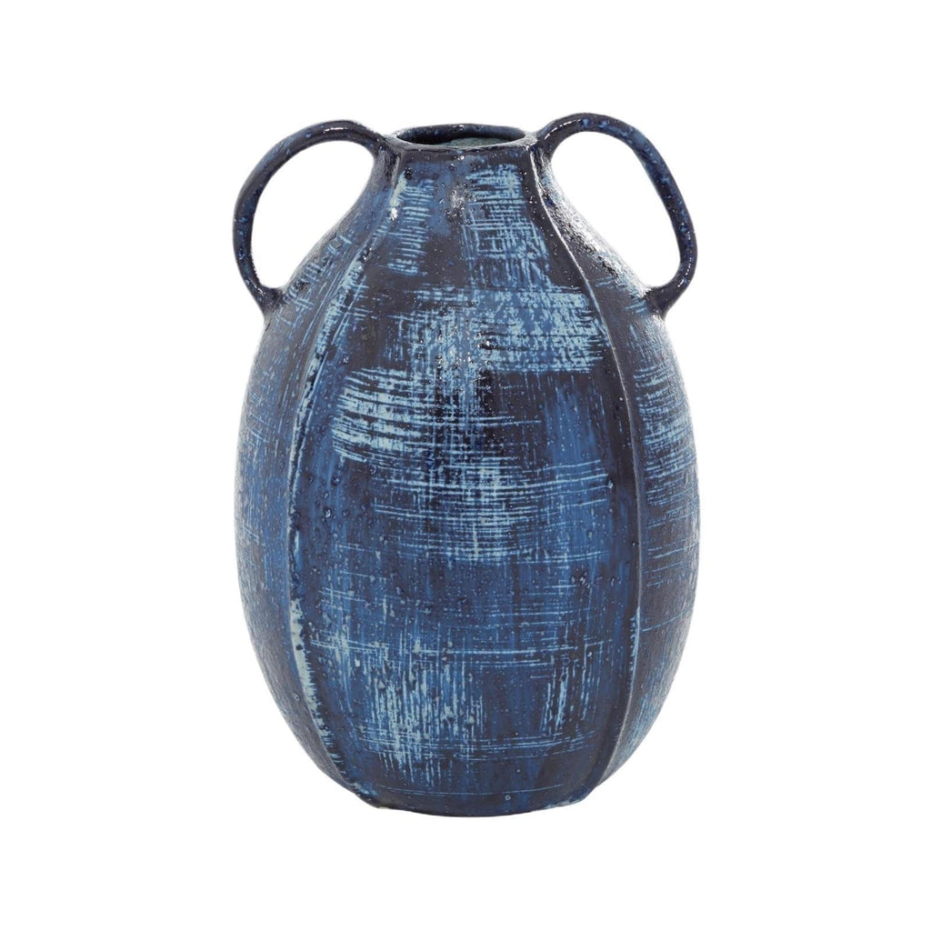 9" Blue Ceramic Vase With Handles(BlueAbstractRound6"x6"x9")