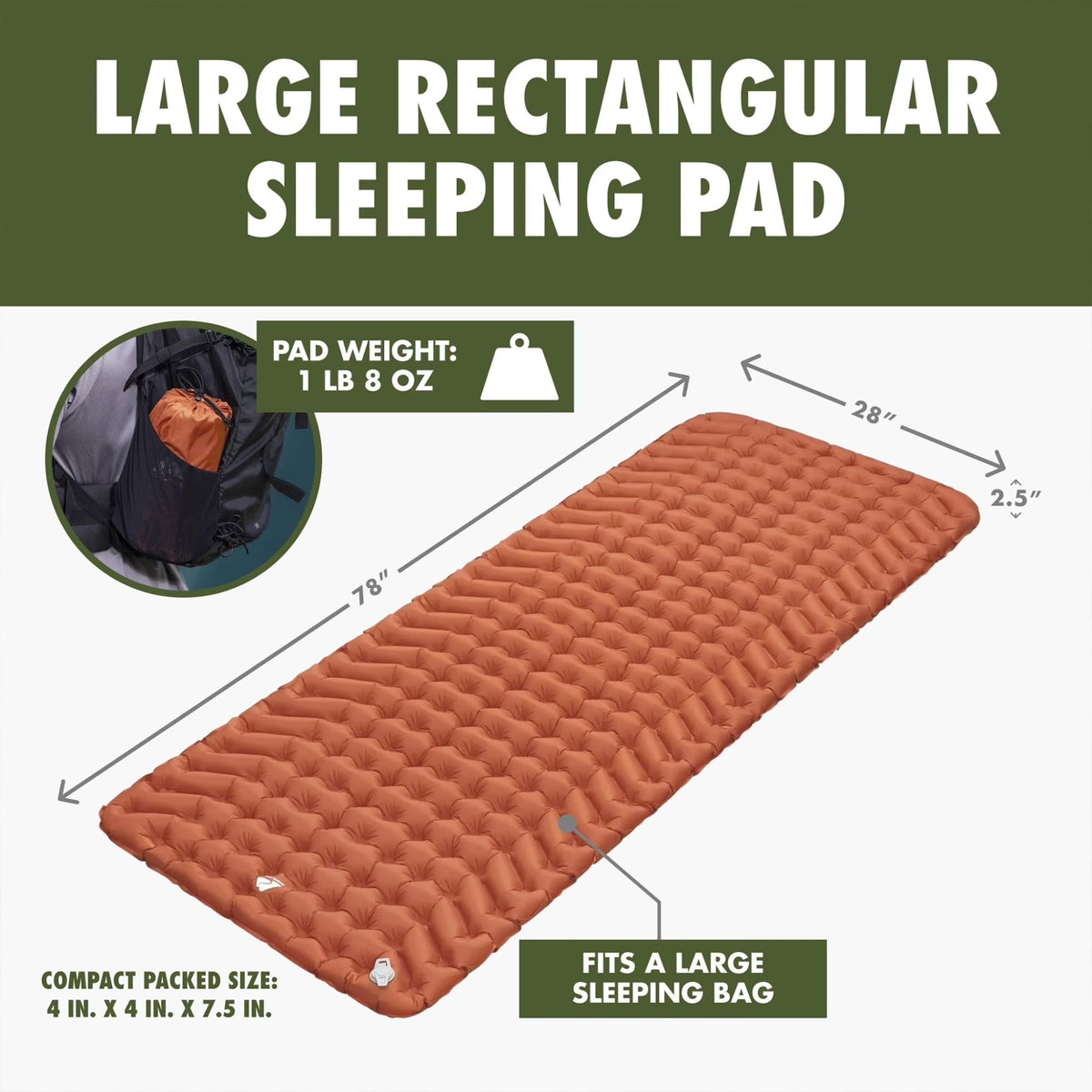 Rectangular Camping Sleeping Pad, CrossWing Anti-Roll Inflatable Mat, R-Value 1.3 Lightweight Backpacking Air product image