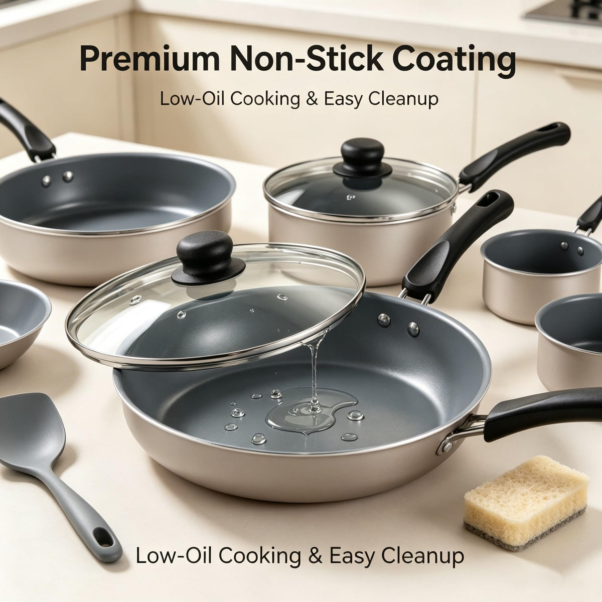 9-Piece Champagne Ceramic Nonstick Cookware Set, Induction Compatible Aluminum Pots And Pans With Tempered Glass Lids & Stay Cool Riveted Handles product image