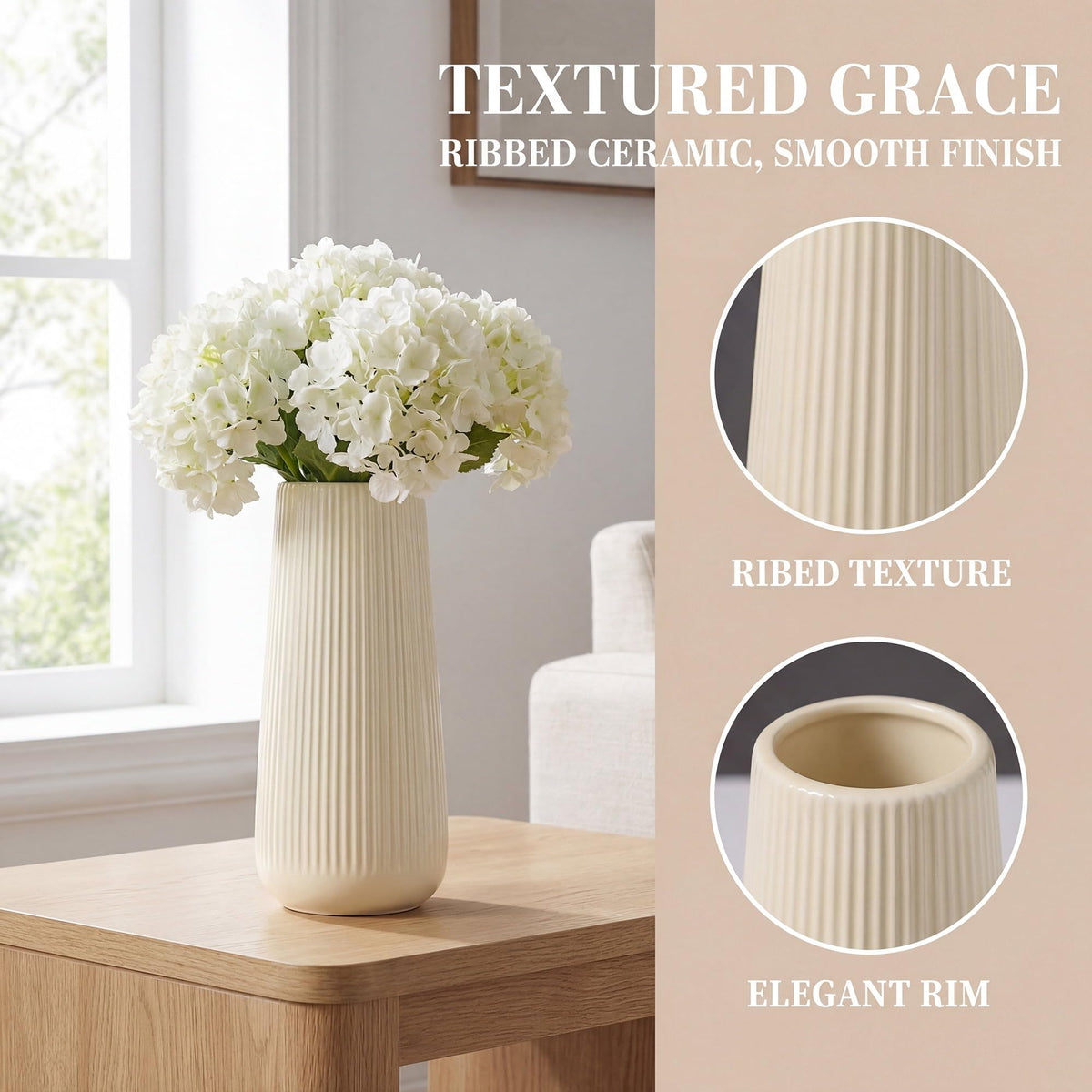 Ribbed Ceramic Vase For Flowers Cream Yellow 3.5"L X .5"W 7.9"H(CreamYellow) - product image 2