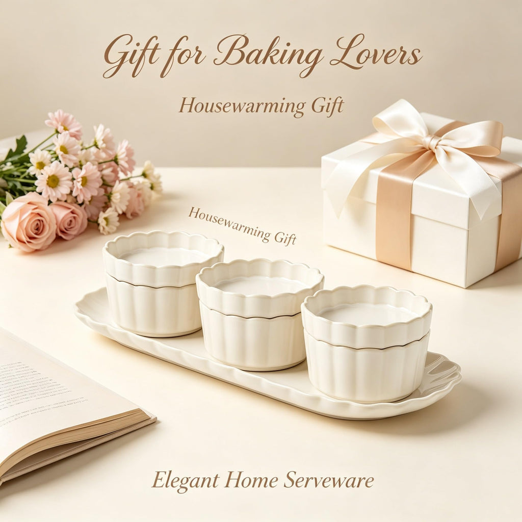 Cream Colette Style Serving Tray Set With 3 Bowls And Matching Lids, Multi-Purpose Ceramic Snack For Dips, Sauces And Table product image